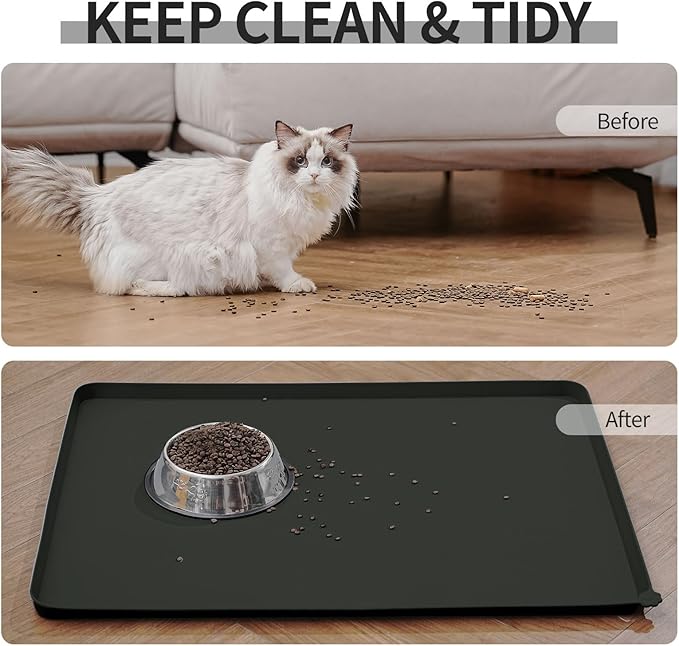 Reopet Waterproof Pet Feeding Mat with High Raised Edges, Heavier and Thicker Placemats for Cat Dog Water Bowl, BPA Free Silicone Feeding Mat, Dog Cat Feeding Mats for Food and Water Prevent Spill