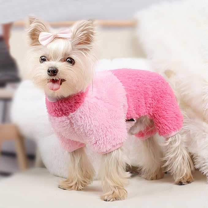 Dog Pjs for Small Dogs Chihuahua Yorkie Clothes Fleece Warm Puppy Pajamas Sweater Onesie Pink Pet Clothes Outfit Apparel (Pink