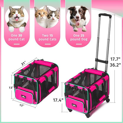 Large Cat Carrier with Wheels, Foldable Rolling Cat Carrier for 2 Cats with Wheels for Cat Dog Under 30 lbs, Cat Carrier Travel Bag with Large Pocket for Outdoor, Pink