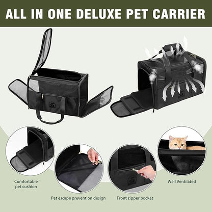 Luxury Pet Carrier for Dogs, Cats, Puppies - Airline TSA Approved, Durable Anti-Scratch Fabric, Soft-Sided, Consistent Airflow, Foldable Design, Cushion Pad, Travel (Black, Large)