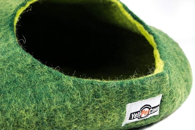 Yeti Pet Cave Pet Bed for Cats and Small Dogs, 100% New Zealand Wool, Green