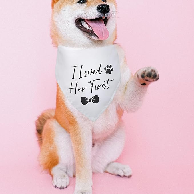 I Loved Her First Wedding Dog Bandana Bridal Party Wedding Engagement Photo Prop Pet Scarf Accessories White Wedding Bandana for Dog Lovers Owner Gift