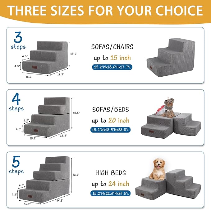 5-Step Dog Stairs to Bed, Dog Steps for High Beds and Couch, Non-Slip Pet Stairs for Small Dogs and Cats,Dog Bed Stairs, Grey, 3/4/5 Steps