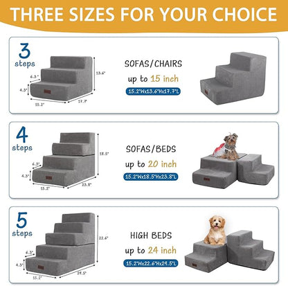 5-Step Dog Stairs to Bed, Dog Steps for High Beds and Couch, Non-Slip Pet Stairs for Small Dogs and Cats,Dog Bed Stairs, Grey, 3/4/5 Steps