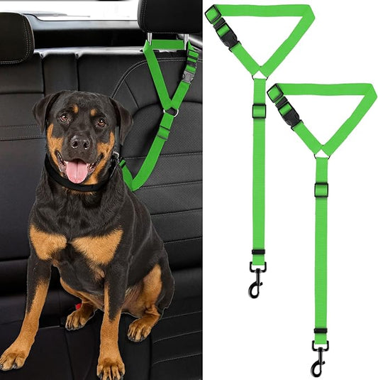 2 Packs Dog Cat Safety Seat Belt Strap Car Headrest Restraint Adjustable Nylon Fabric Dog Restraints Vehicle Seatbelts Harness (Green)