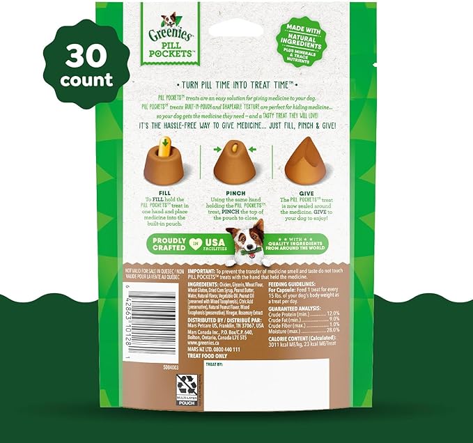 GREENIES PILL POCKETS for Dogs Capsule Size Natural Soft Dog Treats with Real Peanut Butter, 7.9 oz. Pack (30 Treats)