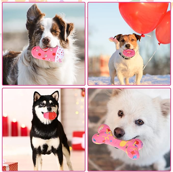 BINGPET Dog Birthday Toys,4 Pcs Plush Dog Squeaky Toys,Bone, Cupcake,Star Pups Coffee,Donut,Dog Toys to Keep Them Busy,Dog Chew Toys Gift for Small Medium Large Dogs