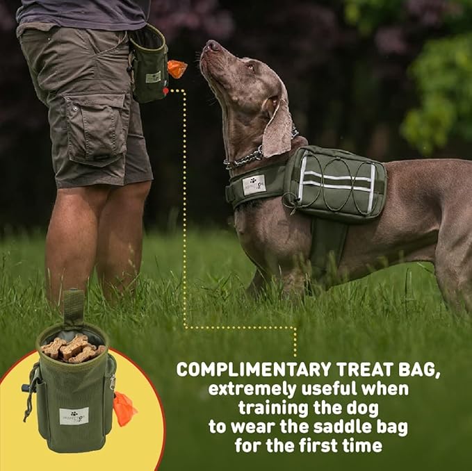 Comfortable Backpack for Anxious & Energetic Dogs w Treat Bag Bundle | Saddle Bag for More Focused & Calmer Hound | Reflective & Lightweight Harness w Roomy Pockets | Khaki