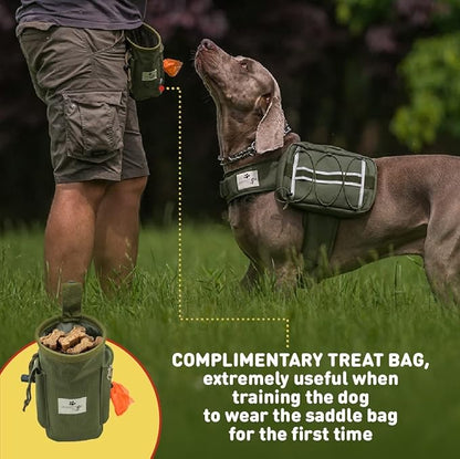 Comfortable Backpack for Anxious & Energetic Dogs w Treat Bag Bundle | Saddle Bag for More Focused & Calmer Hound | Reflective & Lightweight Harness w Roomy Pockets | Khaki