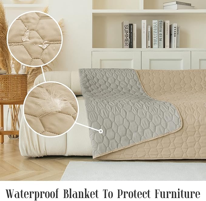 Waterproof Pet Blankets Dog Bed Cover for Pets Reusable Furniture Protector (Beige+Grey, 52"x82")