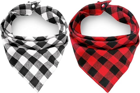 2PCS Chirstmas Red and Black-White Plaid Bandanas with Button