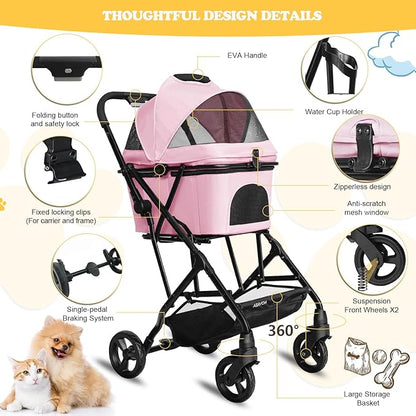 Pet Stroller for Small/Medium Dogs Cats Up to 33lbs 3 in 1 Foldable