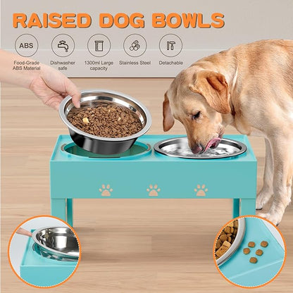 Elevated Dog Bowls 5 Height Adjustable Non-Slip Stand Adjusts to 3.1", 9", 10", 11", & 12" with 2 Stainless Steel Raised Dog Food Bowl for Medium Large Dogs and Pets (Aquamarine)