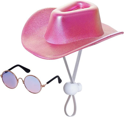 Pet Cowboy Costume Pink Sparkly Glitter Cowboy Hat with Sunglasses for Dog Cat Cowboy Hat Halloween Christmas Costume Themed Dress Up Party