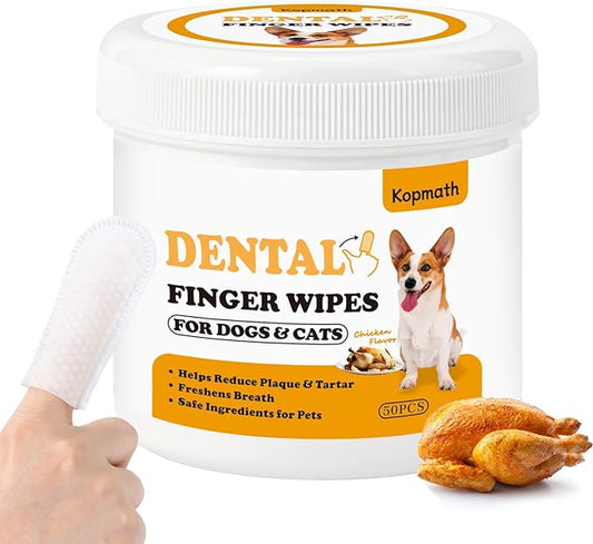 Teeth Cleaning Finger Wipes, Dog Dental Wipes, Reduce Plaque & Tartar, Freshen Breath, Safe & Natural Pet Dental Wipes for Dogs Teeth, Portable Dog Tooth Wipes for Cats,50 Ct, Chicken Scent