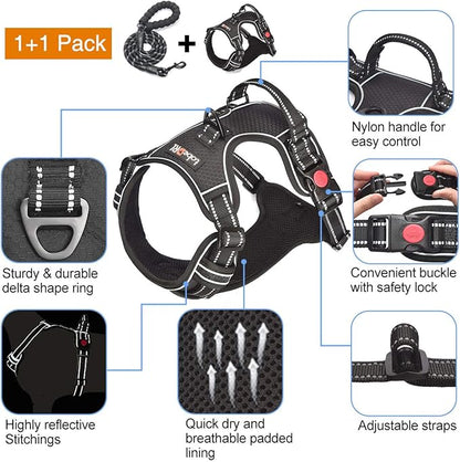 tobeDRI No Pull Dog Harness Adjustable Reflective Oxford Easy Control Medium Large Dog Harness with A Free Heavy Duty 5ft Dog Leash (XL (Neck: 21.5"-33", Chest: 30"-39.5"), Black Harness+Leash)