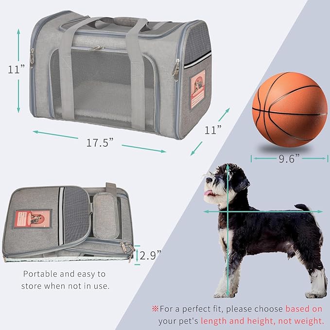 Collapsible Cat Carrier Soft Sided Bag for Small Dog 0-15 lbs, TSA Approved Pet Carrier Airline Approved Dog Carriers for Small Dogs Carrier, Small Pet Carrier for Cat Travel Carrier -M, Gray