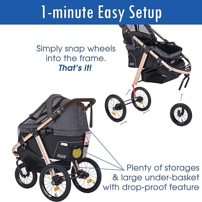 HPZ Pet Rover Run Performance Jogging Sports Stroller with Comfort Rubber Wheels/Zipper-Less Entry/1-Hand Quick Fold/Aluminum Frame for Small/Medium Dogs