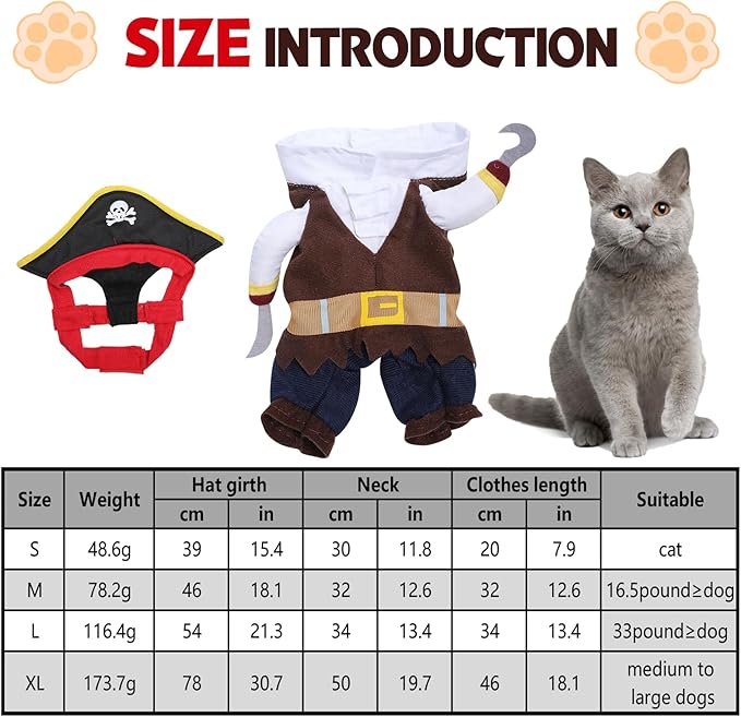 2Pcs Dog Pirate Costume Outfits Captain Hook Cat Clothes Funny Dog Caribbean Hat Halloween Party Costumes Cosplay for Pet Small Medium Puppy Chihuahua Yorkie Corgi (Large)