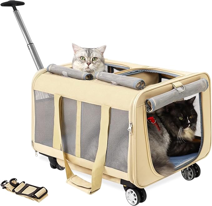 Double Compartment Cat Carrier with Wheels for 2 Small and Medium Cats,Rolling Cat Carrier on Wheels for 2 Cats,Ideal for Traveling/Hiking/Camping,21" x 17" x 13", Not Airline Approved