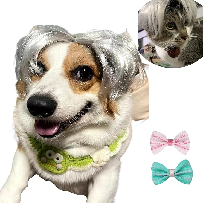 Funny Dog Wig Pet Costumes,Kediciz Cat Costume Synthetic Hairpiece Cosplay Wigs, Headwear for Halloween Christmas Festivals Party Decor, Fancy Dress,Adjustbale Size,Sliver Gray Straight