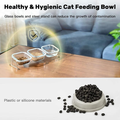 Elevated Cat Bowls, 15° Tilted Glass Raised Cat Food Bowl with Stainless Steel Stand, 3 Glass Cat Bowls and 4 Anti Slip Feet, Suitable for Cats and Little Dogs