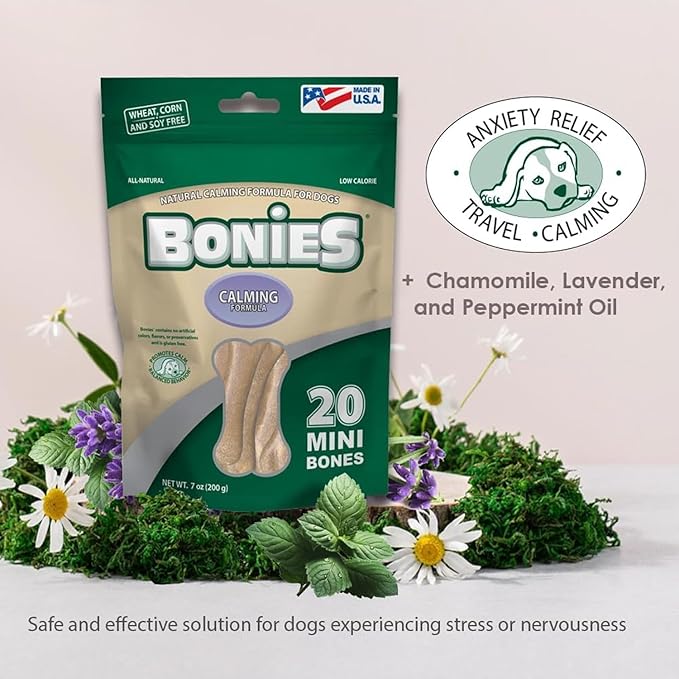 Bonies Natural Calming Formula Medium-Sized Single Bone - Contains Chamomile & Lavender, Help Anxiety, Excessive Barking & Trembling, Chicken Flavor, [Medium Dog], 8 Bones