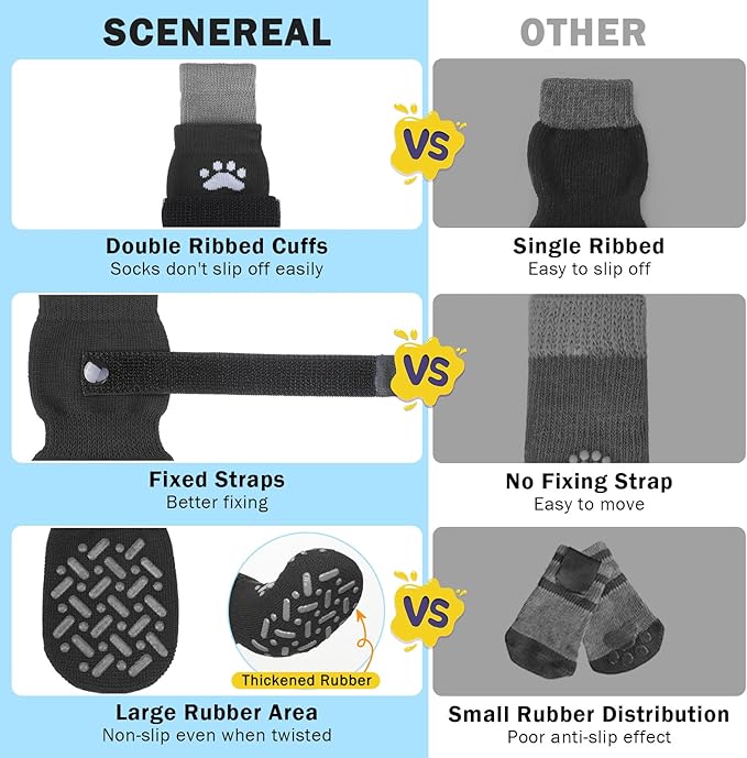 SCENEREAL Dog Socks to Prevent Licking Paws for Hot Pavement, Anti Slip Long Dog Grip Socks for Hardwood Floors, Dog Shoes Booties&Paw Protector for Small Medium Large Senior Dog, Pet Socks for Wounds