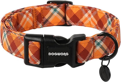 DOGWONG Fall Plaid Cotton Dog Collar, Orange Plaid Halloween Dog Collar Soft Adjustable Gingham Fall Dog Necklace for Large Boy Girl Puppy Dog