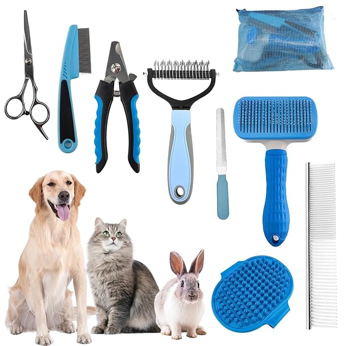 Dog Brush for Shedding,9 PCS in One Pet Slicker Hair Brush Kit with Pet Nail Clipper and File - Dog Cat Grooming Deshedding Undercoat Rake Brush Comb for All Small Large Dogs Cats Blue