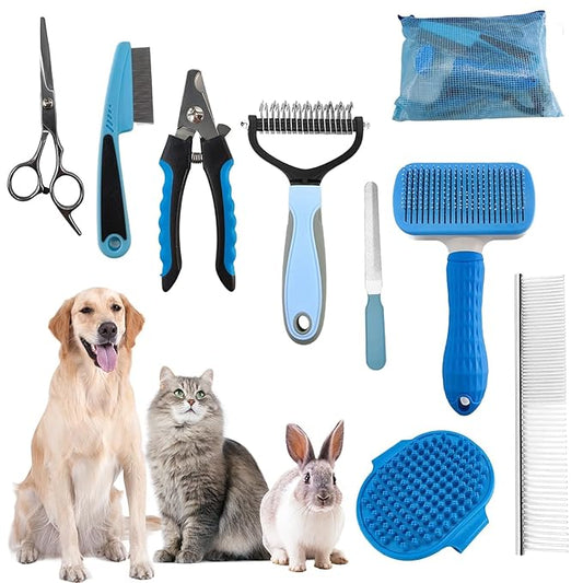 Dog Brush for Shedding,9 PCS in One Pet Slicker Hair Brush Kit with Pet Nail Clipper and File - Dog Cat Grooming Deshedding Undercoat Rake Brush Comb for All Small Large Dogs Cats Blue