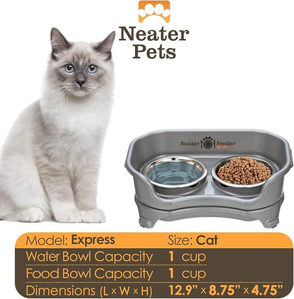 Neater Feeder - Express Model - Mess-Proof Cat Bowls (Cat, Gunmetal Grey) – Made in USA – Elevated, No Spill, Non-Tip, Non-Slip, Raised Stainless Steel Food & Water Pet Bowls