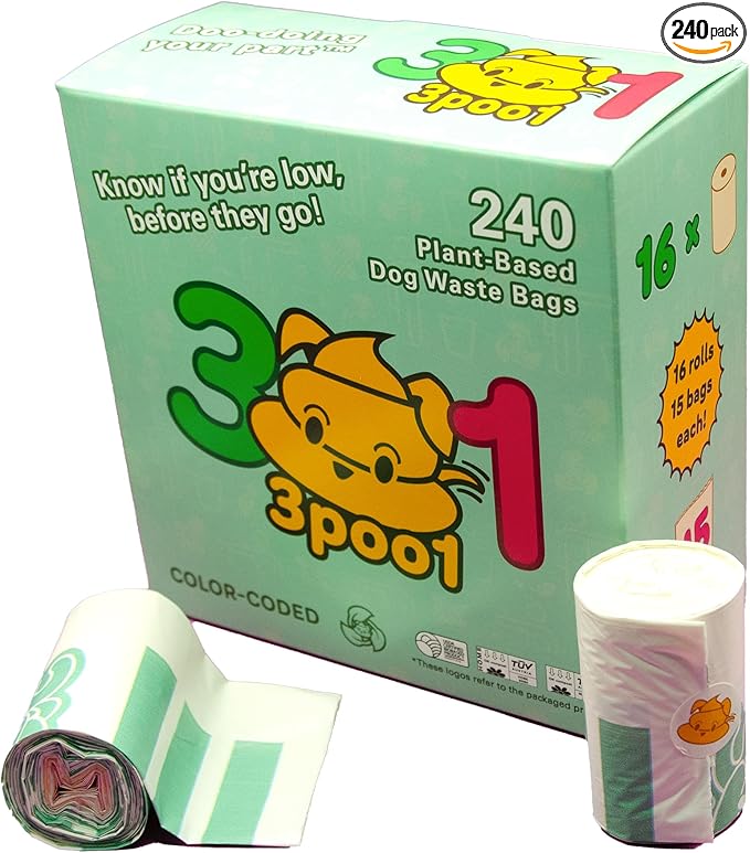 Color-Coded Dog Poop Bags 240 bags (16 rolls)
