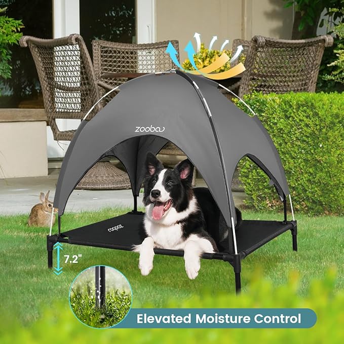 36.4" Elevated Outdoor Dog Bed with Canopy, Large Cooling Raised Pet Cot with Removable Sunshade for Camping, Deluxe 600D PVC with 2x1 Textilene Dog Bed