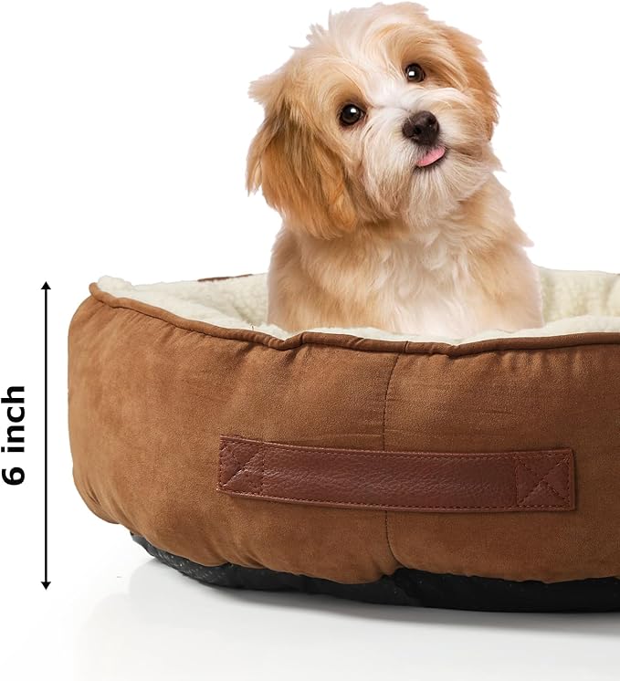 28"x28"x8" Round Dog and Cat Bed, Cozy Oval Dog Bed with Anti-Slip Bottom and Neck Support Pillow, Washable Kitten Bed for Indoor Small Medium Dogs Cats(Brown, Large)