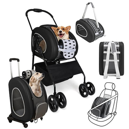 5-in-1 Pet Carrier with Backpack, Stroller, Shoulder Strap, Carriers with Wheels for Dogs and Cats (Black)