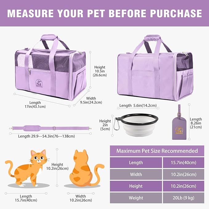 Luxury Pet Carrier for Dogs, Cats, Puppies - Airline TSA Approved, Durable Anti-Scratch Fabric, Soft-Sided, Consistent Airflow, Foldable Design, Cushion Pad, Travel (Lilac, Medium)