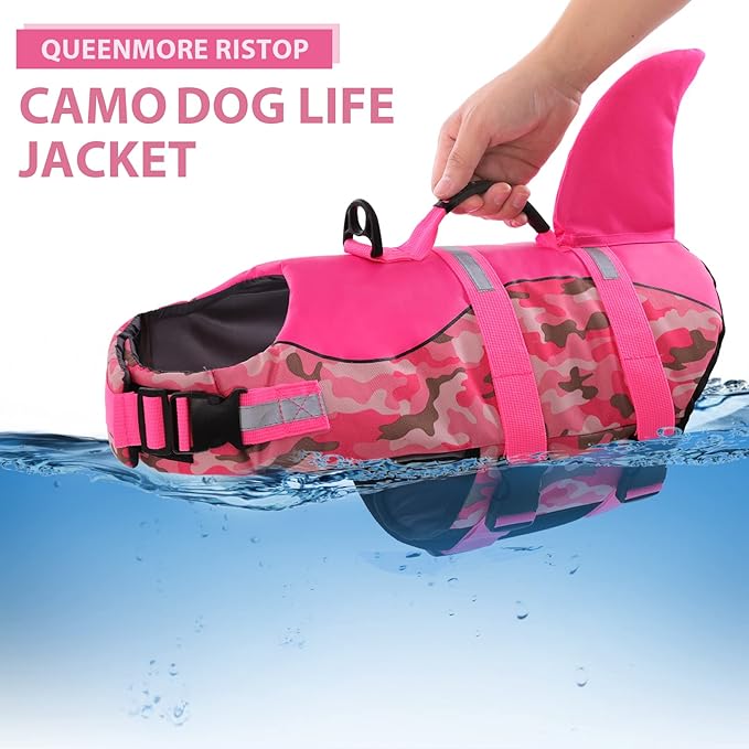 Queenmore Dog Life Jacket Ripstop Dog Shark Safety Vest Adjustable Preserver with High Buoyancy and Durable Rescue Handle for Small