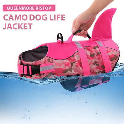Queenmore Dog Life Jacket Ripstop Dog Shark Safety Vest Adjustable Preserver with High Buoyancy and Durable Rescue Handle for Small