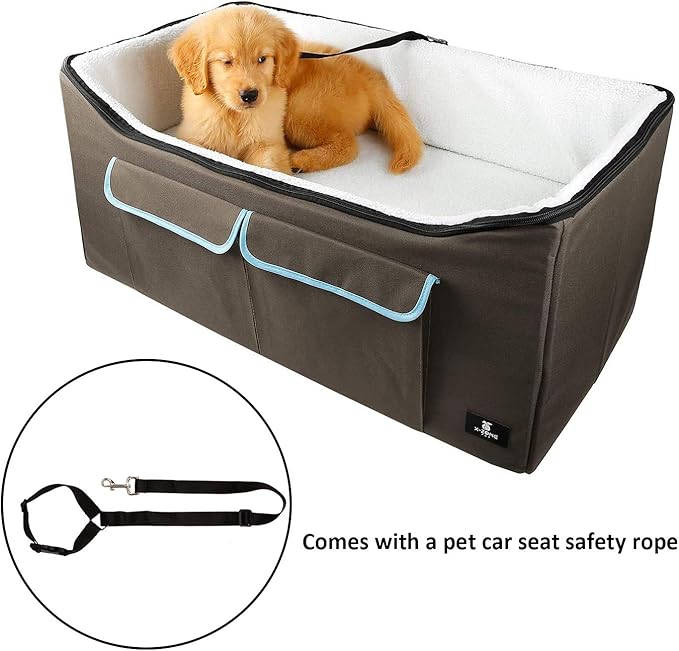 X-ZONE PET Dog Booster Car Seat/Pet Bed at Home, with Pockets and Carrying case，Easy Storage and Portable (Large, Brown&Blue)