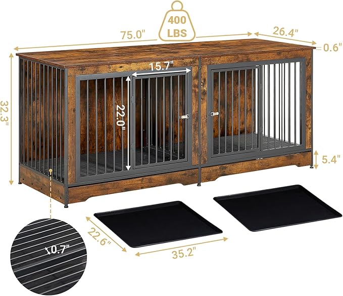 Rovibek 75'' Double Dog Crate Furniture for 2 Large Dogs