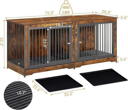 Rovibek 75'' Double Dog Crate Furniture for 2 Large Dogs