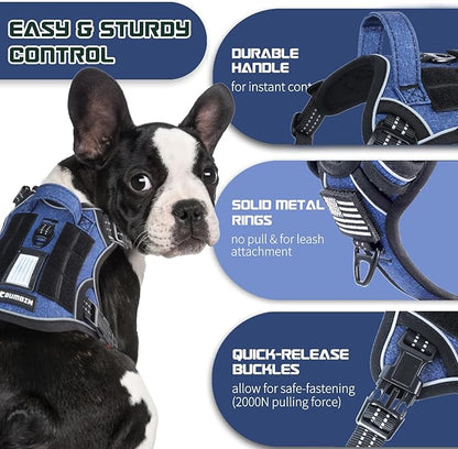 BUMBIN Tactical Dog Harness for Small Dogs No Pull, Famous TIK Tok No Pull Puppy Harness, Fit Smart Reflective Pet Walking Harness for Training, Adjustable Dog Vest Harness with Handle Denim Blue S