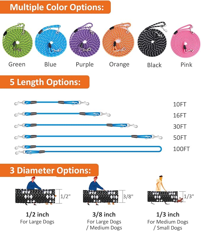 Long Dog Leash for Dog Training 16FT/30FT/50FT/100FT 12Pink16FT