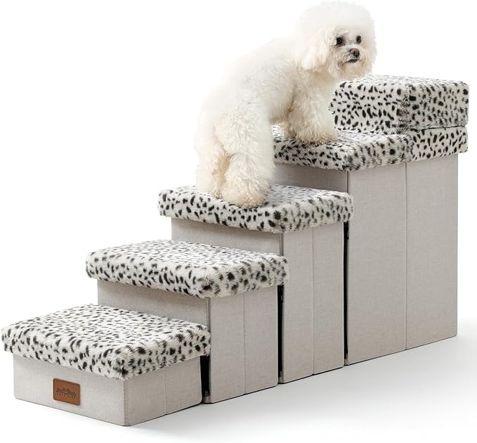 C0ZY KISS Dog Storage Stairs for Bed 21" H 39.7x13x21.2in, Leopard, 5 Tiers