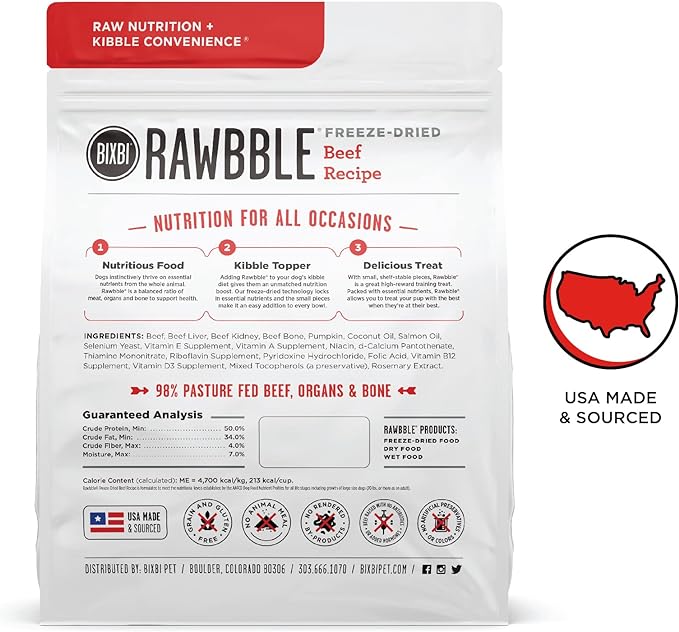 BIXBI Rawbble Freeze Dried Dog Food, Beef Recipe, 12 oz - 98% Meat and Organs, No Fillers - Pantry-Friendly Raw Dog Food for Meal, Treat or Food Topper - USA Made in Small Batches