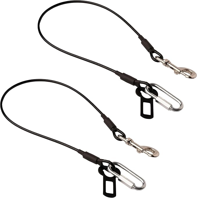 Leashboss 2 Pack Dog Car Seat Belt Restraints - Dog Seatbelt Harness for Car - No-Chew Heavy Duty Tether Cable - Coated Steel Rope Wire Leash to Prevent Chewing - Seat Belt Clip and Latch Carabiner