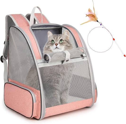 Cat Backpack Carrier, Large Pet Backpack with Cat Wand Feather Toy for Medium Small Dog Cat Puppy Kitten Bunny up to 15lbs, Ventilated Mesh Dog Travel Backpack for Hiking Walking Outdoor Use (Pink)