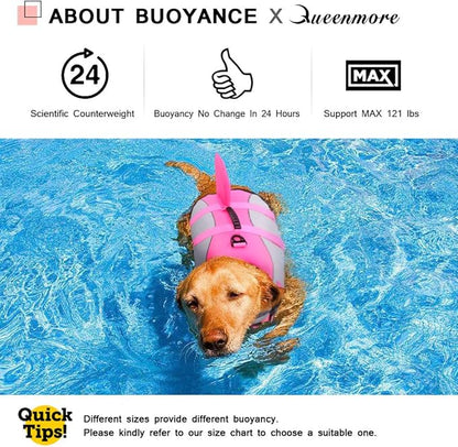 Queenmore Dog Life Jacket Ripstop Shark Dog Safety Vest Adjustable Preserver with High Buoyancy and Durable Rescue Handle for Small