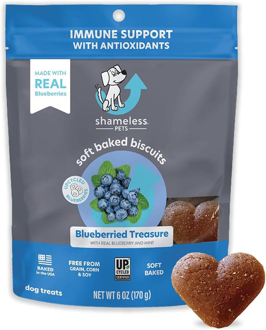 Shameless Pets Soft-Baked Dog Treats, Blueberried Treasure - Natural & Healthy Dog Chews with Mint for Immune Support - Dog Biscuits Baked & Made in USA, Free from Grain, Corn & Soy - 1-Pack